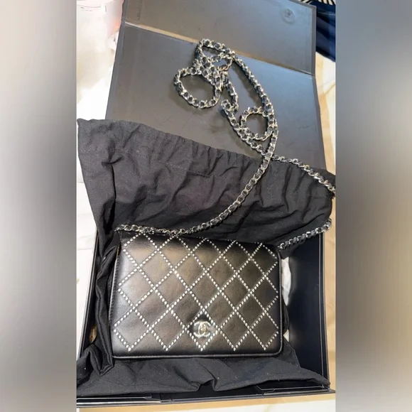 Chanel black Swarovski crystal woc wallet on a chain mini flap classic cc RARE - Picture 15 of 15